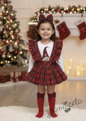 Комплект за момиче от блуза в бяло с коледна картинка на джудже и сукман в каре Карена