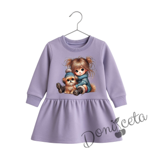 Детска/бебешка ватирана рокля в лилаво с момиче и кученце