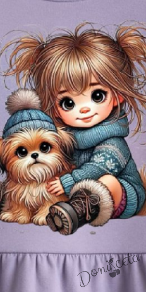 Детска/бебешка ватирана рокля в лилаво с момиче и кученце