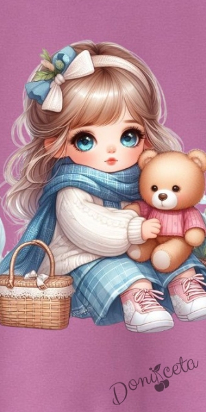 Детска/бебешка блуза в лилаво с дълъг ръкав за момиче с картинка на момиченце и мече