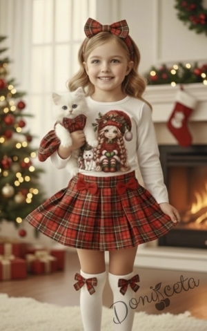 Детски комплект Карена за момиче от пола каре Вили и блуза в бяло с коледна картинка на момиченце и елха 