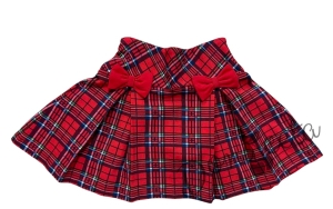 Детски комплект Карена за момиче от пола каре Вили и блуза в бяло с коледна картинка на момиченце и елха 