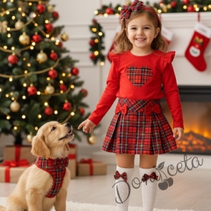 Комплект за момиче от 2 части-пола Вили от трико в каре и блуза с дълъг ръкав в червено със сърце в каре Карена