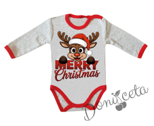 Коледно бебешко боди с дълъг ръкав в сиво с еленче и мече 