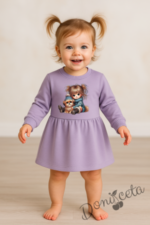 Детска/бебешка ватирана рокля в лилаво с момиче и кученце