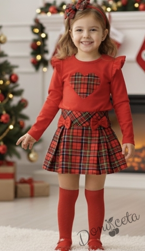 Комплект за момиче от 2 части-пола Вили от трико в каре и блуза с дълъг ръкав в червено със сърце в каре Карена