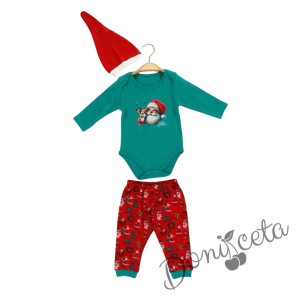  Бебешки коледен комплект от боди в зелено с картинка на Дядо Коледа, панталонки с коледни мотиви и шапка 3