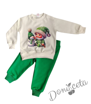  Бебешки коледен комплект от блузка в бяло с коледна картинка и панталонки в зелено