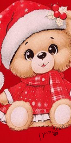 Бебешки коледен гащеризон в червено с коледна картинка на мече