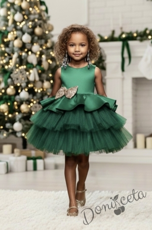 Коледна детска рокля в зелено с тюл и панделка в златисто