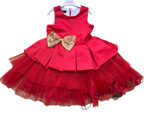 Коледна детска рокля в червено с тюл и панделка в златисто