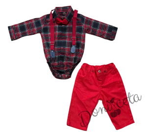 Коледен бебешки комплект от риза каре, панталони в червено с тиранти и папийонка в червено