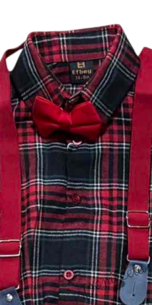 Коледен бебешки комплект от риза каре, панталони в червено с тиранти и папийонка в червено