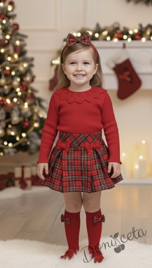 Комплект за момиче от 2 части-пола Вили в каре с панделки и блуза с дълъг ръкав в червено с дантела Карена