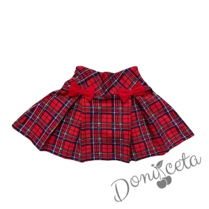 Комплект за момиче от 2 части-пола Вили в каре с панделки и блуза с дълъг ръкав в червено с дантела Карена