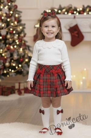 Комплект за момиче от 2 части-пола Вили в каре с панделки и блуза с дълъг ръкав в бяло с дантела Карена