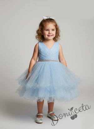 Интересна официална детска/бебешка рокля в светлосиньо с блестящ тюл Лиора