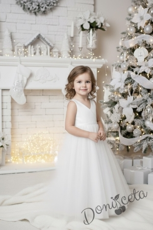 Официална дълга детска рокля в бяло без ръкав с тюл Марлен от колекция Снежина