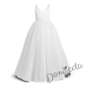 Празнична дълга рокля в бяло без ръкав с тюл Марлен 2