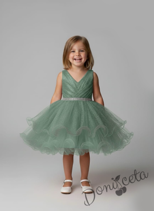 Интересна официална детска/бебешка рокля в тюркоаз с блестящ тюл Лиора