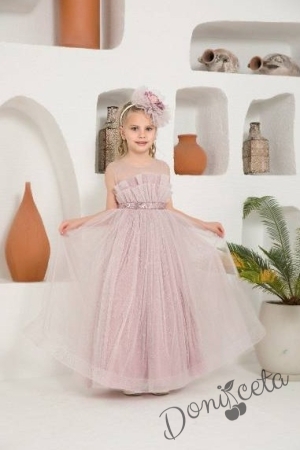 Официална детска дълга рокля без ръкав в пепел от рози с блясък с тюл и диадема