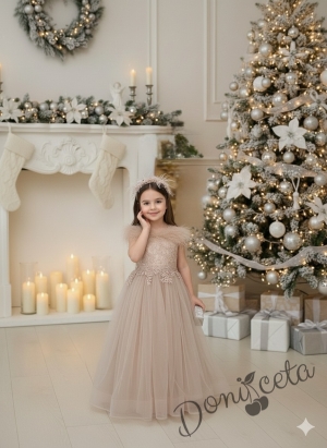 Празнична бална детска дълга рокля в бежово без ръкав  Шери от колекция Бежина