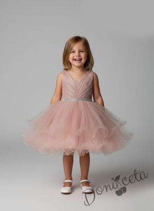 Интересна официална детска/бебешка рокля в прасковено с блестящ тюл Лиора