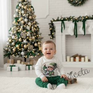  Бебешки коледен комплект от блузка в бяло с коледна картинка и панталонки в зелено