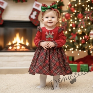 Детска/бебешка коледна рокля с дълъг ръкав в червено каре с каре