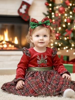 Детска/бебешка коледна рокля с дълъг ръкав в червено каре с каре