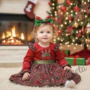 Детска/бебешка коледна рокля с дълъг ръкав в червено каре с каре