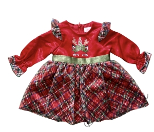 Детска/бебешка коледна рокля с дълъг ръкав в червено каре с каре
