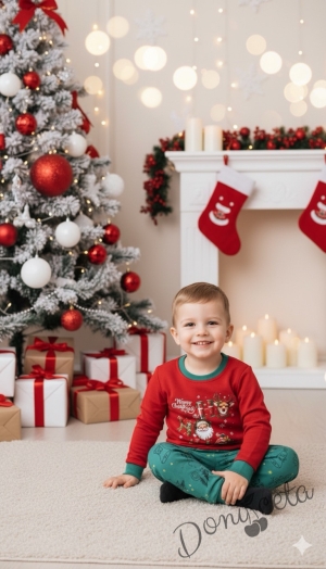 Коледен бебешки/детски комплект от блуза в червено и панталонки в зелено с коледни мотиви