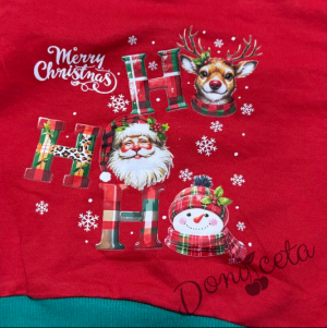 Коледен бебешки/детски комплект от блуза в червено и панталонки в зелено с коледни мотиви