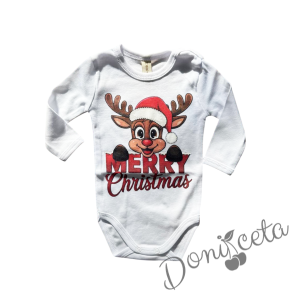 Коледно бебешко боди с дълъг ръкав в бяло с еленче