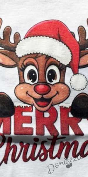 Коледно бебешко боди с дълъг ръкав в бяло с еленче