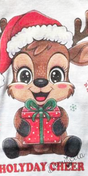 Коледно бебешко боди с дълъг ръкав в бяло с еленче за момиче