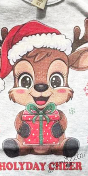 Коледно бебешко боди с дълъг ръкав в сиво с еленче за момиче