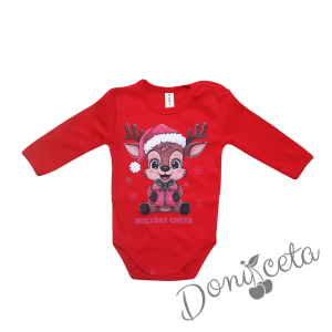 Коледно бебешко боди с дълъг ръкав в червено с еленче за момиче