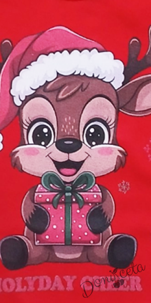 Коледно бебешко боди с дълъг ръкав в червено с еленче за момиче