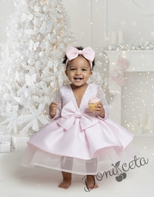 Официална детска рокля Мира с дълъг ръкав в розово с пайети отгоре  от колекция Розовина