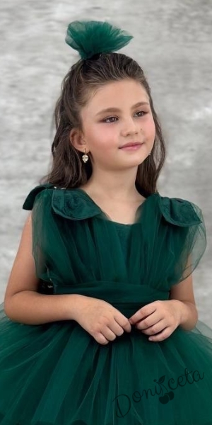 Официална къса детска рокля в коледно зелено с тюл Малисия