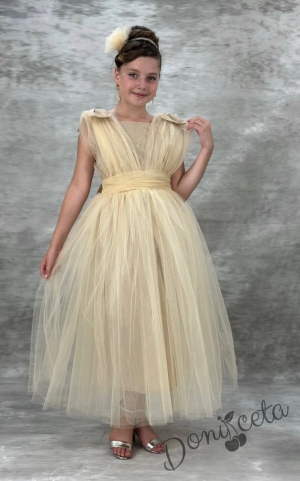 Официална дълга детска рокля в златисто с тюл Малисия1