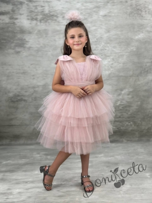 Официална къса детска рокля в пепел от рози с тюл Малисия