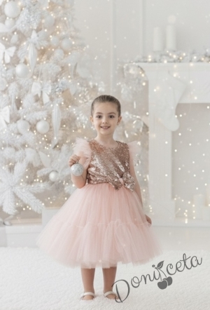 Официална детска рокля Каролина в с пайети и тюл в прасковено 