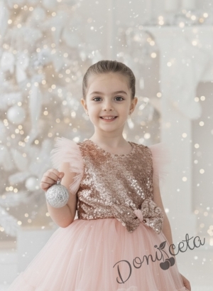 Официална детска рокля Каролина в с пайети и тюл в прасковено 