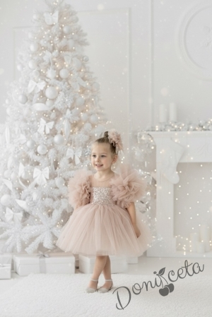 Детска официална рокля Блян с тюл в  пепелно прасковено, помпони и панделка за коса