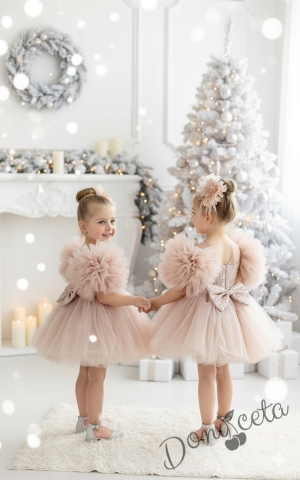 Детска официална рокля Блян с тюл в  пепелно прасковено, помпони и панделка за коса
