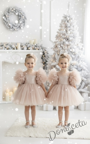 Детска официална рокля Блян с тюл в  пепелно прасковено, помпони и панделка за коса