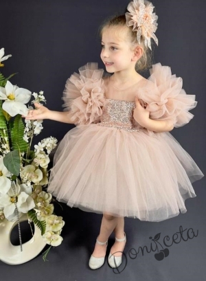 Детска официална рокля Блян с тюл в  пепелно прасковено, помпони и панделка за коса